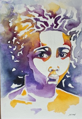 Abstrahiertes Aquarellportrait einer Mädchens in kontrastreichen Farben
